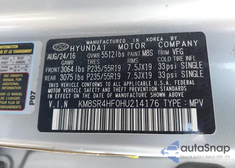 2017 Hyundai Santa Fe Limited Ultimate z USA, uszkodzony, nr VIN KM8SR4HF0HU214176